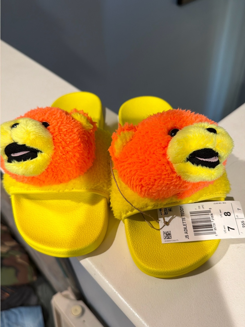 Adidas x Jeremy Scott Plush Lion Slide Sandals in Bright Yellow and Orange